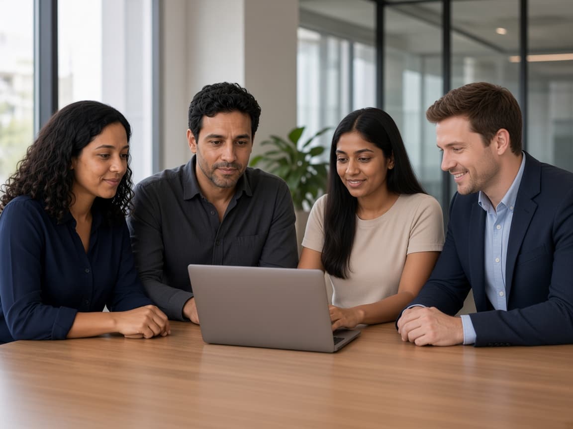 Four Strivanta colleagues looking at a laptop in a meeting room