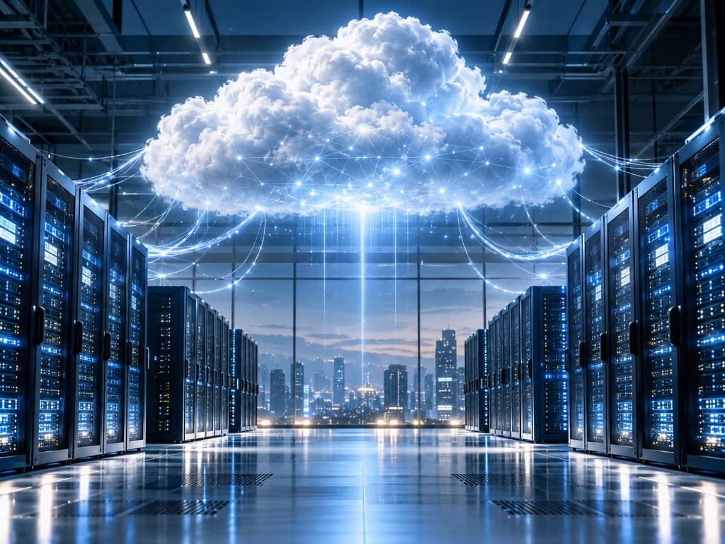 Server racks beneath a glowing cloud in a data center overlooking a city