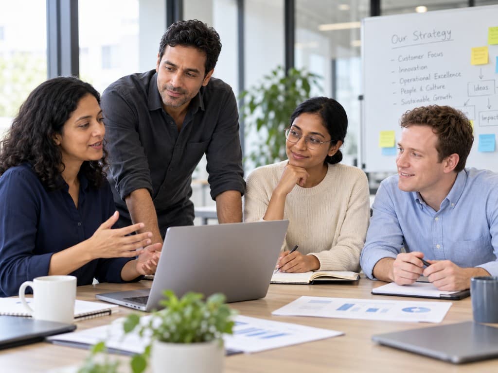 The Strivanta consulting team reviewing work around a laptop