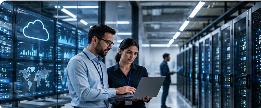 Engineers reviewing a laptop beside cloud monitoring screens in a data center